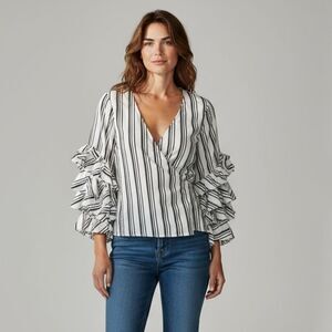 Caroline Constas Athena Ruffle Sleeve Wrap Blouse Size Medium Striped V Neck